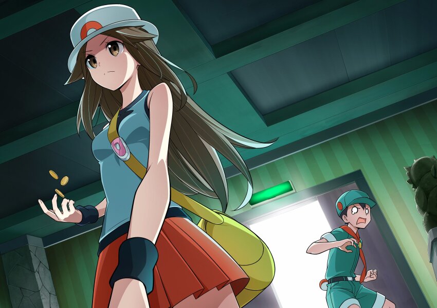 1boy 1girl absurdres bag bare_arms baseball_cap black_hair breasts brown_eyes brown_hair camper_(pokemon) coin commentary door dutch_angle hat highres holding holding_poke_ball jii_(seiga7099526) leaf_(pokemon) long_hair nintendo o_o photoshop_(medium) poke_ball poke_ball_(basic) pokemon pokemon_frlg pokemon_gym red_skirt shirt shorts skirt sleeveless sleeveless_shirt small_breasts sun_hat vs_seeker wide-eyed wristband