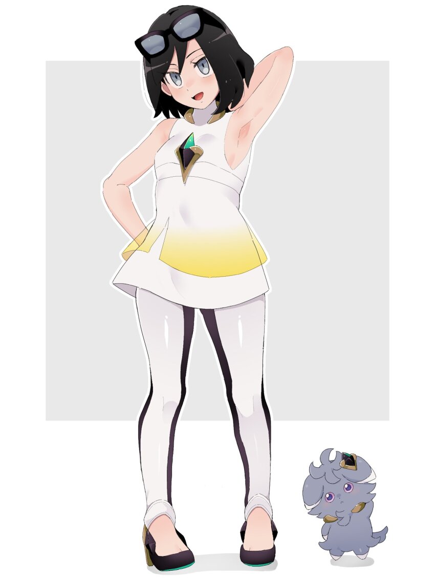 1boy :d arm_behind_head armpits black-framed_eyewear black_hair black_shoes calem_(pokemon) commentary_request cosplay creatures_(company) crossdressing dress espurr game_freak gem gen_6_pokemon green_gemstone grey_eyes hand_on_own_hip high_heels highres leggings lusamine_(pokemon) lusamine_(pokemon)_(cosplay) male_focus nintendo open_mouth outline pokemon pokemon_(creature) pokemon_sm pokemon_xy presenting_armpit sana_(37pisana) shoes short_dress short_hair sleeveless sleeveless_dress smile standing sunglasses white_dress white_leggings
