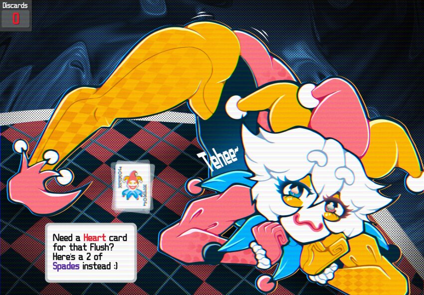 1boy :3 abstract_background ass ass_shake balatro black_eyes black_leotard blue_collar blue_eyes card closed_mouth clown clown_boy clown_makeup club-shaped_pupils collar colored_skin commentary diamond_pattern diamond_print english_commentary english_text eyeshadow frilled_cuffs frills full_body gloves hair_between_eyes hat heart heart_pattern heart_print heterochromia highres hosses jack-o&#039;_challenge jester jester_boy jester_cap jimbo_(balatro) leotard long_sleeves looking_at_viewer makeup male_focus meme mismatched_pupils multicolored_eyes orange_eyeshadow orange_hat orange_pantyhose outline pantyhose personification playing_card pom_pom_(clothes) puffy_long_sleeves puffy_sleeves red_eyes red_hat red_lips red_pantyhose scrunchie short_hair smile solo spade-shaped_pupils top-down_bottom-up trap two-tone_eyes two-tone_hat two-tone_pantyhose white_cuffs white_hair white_skin wrist_scrunchie