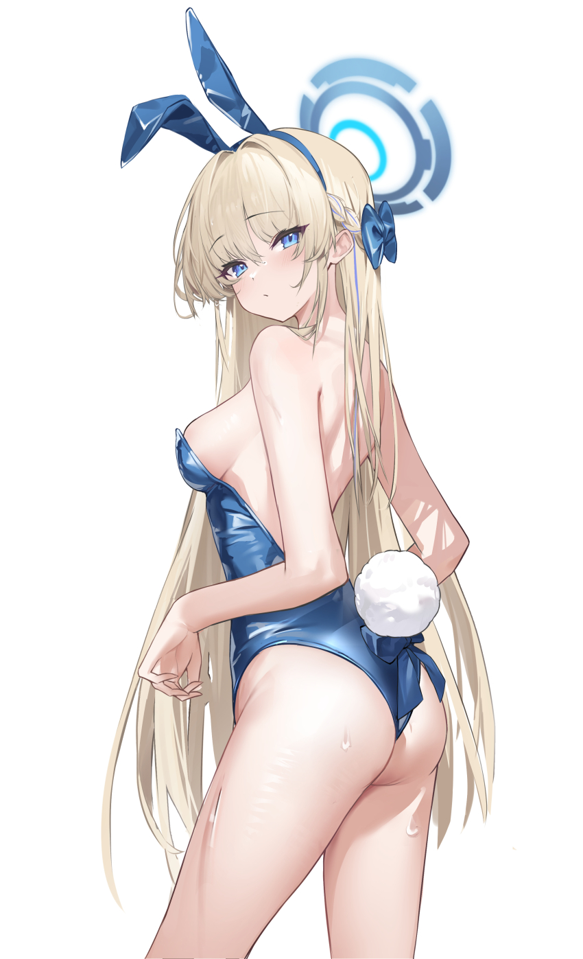 1girl absurdres animal_ear_hairband animal_ears ass bare_arms bare_back bare_shoulders blonde_hair blue_archive blue_bow blue_eyes blue_hairband blue_leotard blush bow closed_mouth commentary fake_animal_ears fake_tail hair_between_eyes hair_bow hairband highres leotard long_hair looking_at_viewer official_alternate_costume official_alternate_hairstyle playboy_bunny rabbit_ear_hairband rabbit_ears rabbit_tail sidelocks solo strapless strapless_leotard sweat tail toki_(blue_archive) toki_(bunny)_(blue_archive) yunk8553