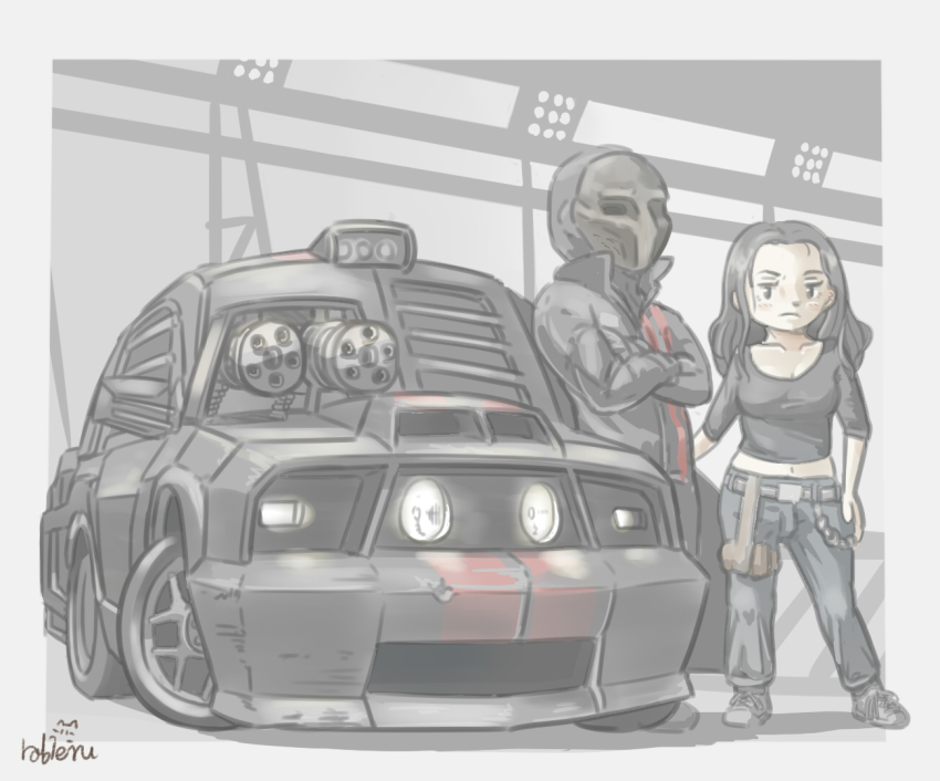 1boy 1girl black_eyes black_jacket black_pants breasts car case_(death_race) chain_gun chibi cleavage collarbone crossed_arms death_race ford ford_mustang ford_mustang_s197 jacket jensen_ames looking_at_viewer mask medium_breasts midriff_peek motor_vehicle muscle_car navel pants rabienu vehicle_focus