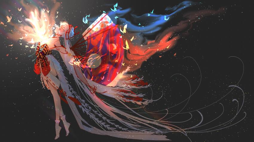 1girl absurdres bug butterfly closed_eyes dark_background fire folding_fan full_body glowing hand_fan highres insect japanese_clothes kimono leaning_back long_hair no_shoes onmyoji outstretched_arm profile pyrokinesis shiranui_(onmyoji) sketch socks solo tabi tiptoes very_long_hair white_hair white_kimono white_socks yi_er_san