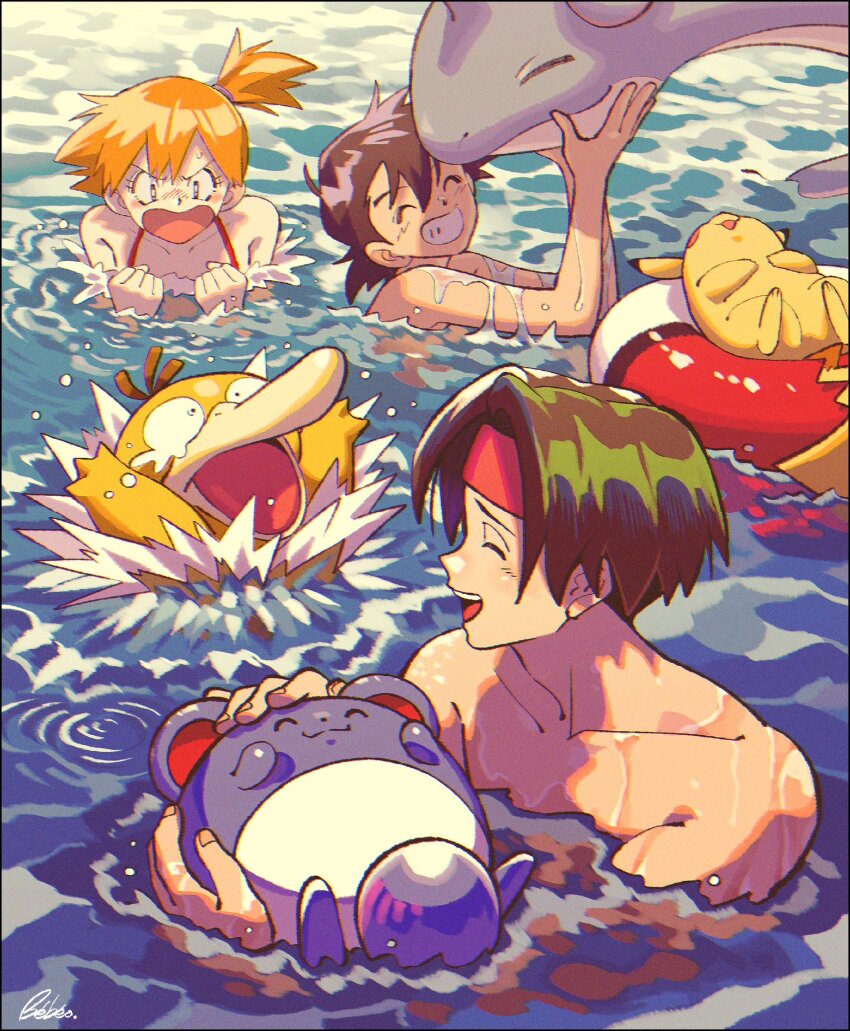 1girl 2boys ash_ketchum asymmetrical_hair gen_1_pokemon gen_2_pokemon gym_leader highres innertube kwsby_124 lapras legs marill misty_(pokemon) multiple_boys nintendo orange_hair pokemon pokemon_(anime) pokemon_(classic_anime) ponytail psyduck shiny_skin shoes short_hair short_shorts shorts side_ponytail swim_ring tracey_sketchit water wet