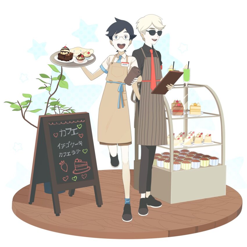 2boys animal-themed_food apron barista black_hair cafe cake cake_slice candy cinnamoroll coffee cupcake dave_strider dessert food glasses happy highres holding holding_candy holding_food holding_menu holding_tray homestuck john_egbert kasage_(rch07) menu menu_board multiple_boys pudding simple_background sunglasses tray waiter white_hair