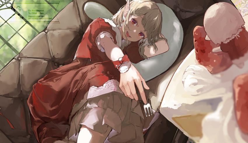 1girl :d absurdres arm_pillow bow cake cake_decoration character_doll commentary_request couch doll dress dutch_angle elf elu_(8th_costume)_(nijisanji) elu_(nijisanji) feet_out_of_frame food fork fruit grey_hair hairband head_on_arm highres holding holding_fork indoors layered_dress looking_at_viewer lying medium_dress nashimisaki_futakotamagawa nijisanji on_couch on_side open_mouth pointy_ears red_bow red_dress red_eyes revision short_hair short_sleeves smile solo strawberry strawberry_shortcake virtual_youtuber watermark window wrist_bow