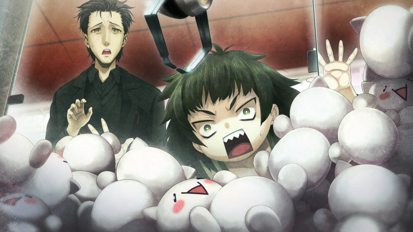 1boy 1girl 2channel against_glass annoyed arcade arcade_cabinet beard_stubble black_cardigan black_hair black_jacket black_shirt blunt_bangs blurry blurry_background blush breast_pocket cardigan clothing_request collar collarbone collared_shirt comedic_sweatdrop crane_game deformed dress emoticon facial_hair flat_chest game_cg green_collar green_dress green_eyes green_hair green_trim grey_jacket hand_up highres hiyajou_maho huke jacket jacket_over_dress kaomoji lapels long_hair long_sleeves messy_hair mona_(2ch) nervous_sweating non-web_source notched_lapels object_in_pocket official_art okabe_rintarou okabe_rintarou_(beta) open_mouth pen_in_pocket pocket ringed_eyes shirt short_hair steins;gate steins;gate_0 stubble stuffed_animal stuffed_toy surprised sweat teeth thick_eyebrows tongue triangle_mouth upper_teeth_only v-shaped_eyebrows very_long_hair yellow_eyes