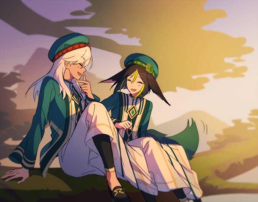 2boys akademiya_uniform angduuuu_(ghost) animal_ears black_hair blush closed_eyes cyno_(genshin_impact) dark-skinned_male dark_skin evening fox_boy fox_ears fox_tail genshin_impact green_hair green_hat hat korean_commentary long_sleeves male_focus multicolored_hair multiple_boys official_alternate_costume open_mouth outdoors sitting tail tighnari_(genshin_impact) white_hair wide_sleeves