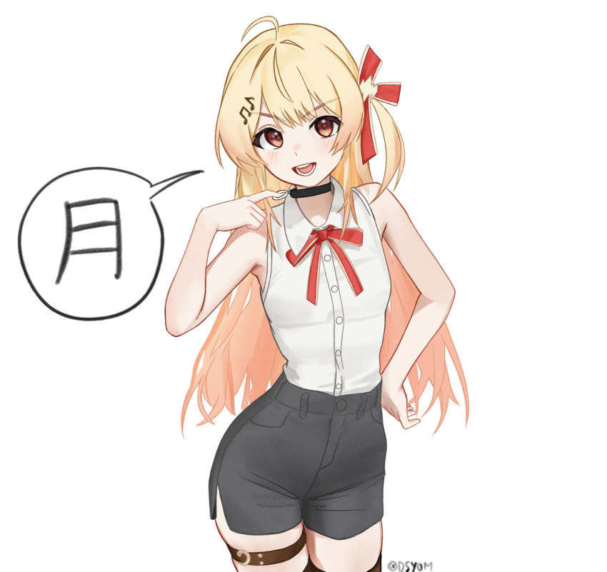 1girl ahoge bare_shoulders black_shorts blonde_hair bow buttons chainsaw_man choker cosplay d5y0m hair_ornament hand_on_own_hip highres hololive long_hair looking_at_viewer musical_note open_mouth otonose_kanade red_ribbon regloss_(hololive) reze_(chainsaw_man) reze_(chainsaw_man)_(cosplay) ribbon shirt shorts side_ponytail simple_background sleeveless sleeveless_shirt solo speech_bubble virtual_youtuber white_shirt yellow_eyes