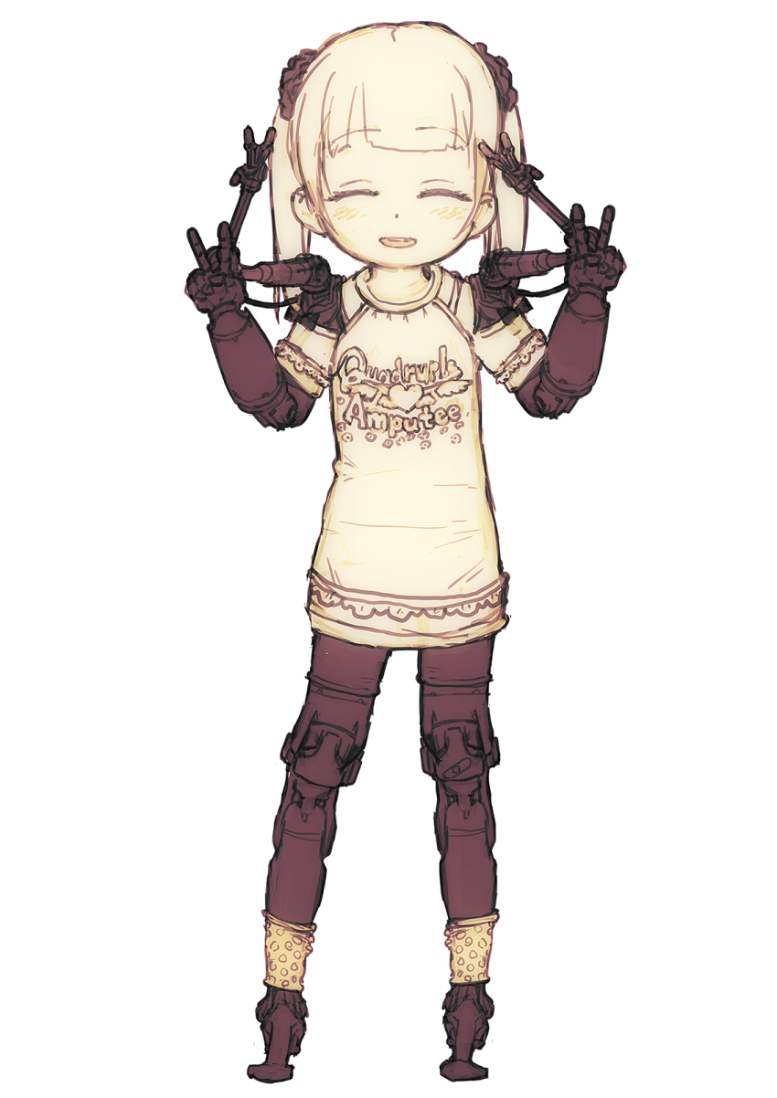 1girl amputee closed_eyes cyborg double_v english_text extra_arms female_focus feral_lemma full_body highres mechanical_arms original prosthesis quadruple_amputee quadruple_v smile solo twintails v white_background yellow_theme