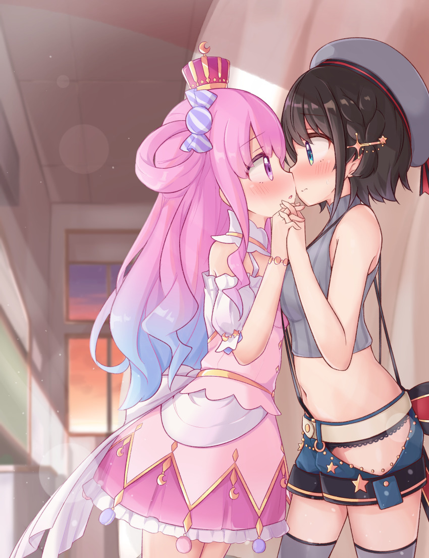 2girls absurdres arched_crown back_bow bare_shoulders blue_eyes blue_hair blue_shorts blurry blush bokeh bow bracelet breasts brown_hair candy_hair_ornament clothing_cutout commentary_request cropped_shirt crown dappled_sunlight depth_of_field detached_collar dress embarrassed eye_contact face-to-face food-themed_hair_ornament frilled_dress frills from_side gold_crown gradient_hair grey_hat grey_shirt grey_thighhighs hair_ornament hair_rings hairclip hallway hat height_difference highres himemori_luna himemori_luna_(1st_costume) hip_vent holding_hands hololive imminent_kiss indoors interlocked_fingers jewelry kanami9731 lace lace-trimmed_panties lace_trim large_bow layered_dress light_particles long_hair looking_at_another medium_breasts multicolored_hair multiple_girls no_jacket off-shoulder_dress off_shoulder oozora_subaru oozora_subaru_(suspenders) panties panty_peek petticoat pink_dress pink_hair pinstripe_pattern pinstripe_shirt profile puffy_short_sleeves puffy_sleeves purple_eyes purple_hair purple_skirt sailor_hat school shirt short_dress short_hair short_sleeves shorts side_up_ring single_hair_ring skirt star_(symbol) star_hair_ornament sunlight sunset suspenders thighhighs underwear virtual_youtuber wavy_hair yuri