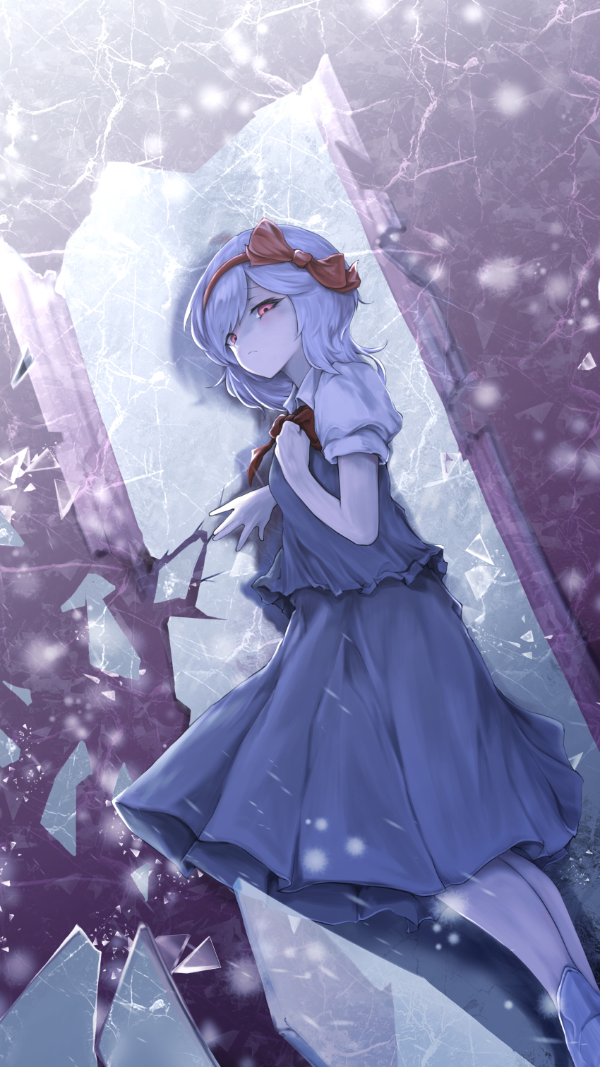 1girl absurdres black_souls blue_dress blue_hair bow bowtie broken_mirror closed_mouth collared_shirt dress feet_out_of_frame hair_bow hand_on_own_chest highres looking_at_viewer mirror pink_eyes puffy_short_sleeves puffy_sleeves red_bow red_bowtie red_eyes scrapiron2800 shirt short_hair short_sleeves snow_white_(black_souls) solo wing_collar