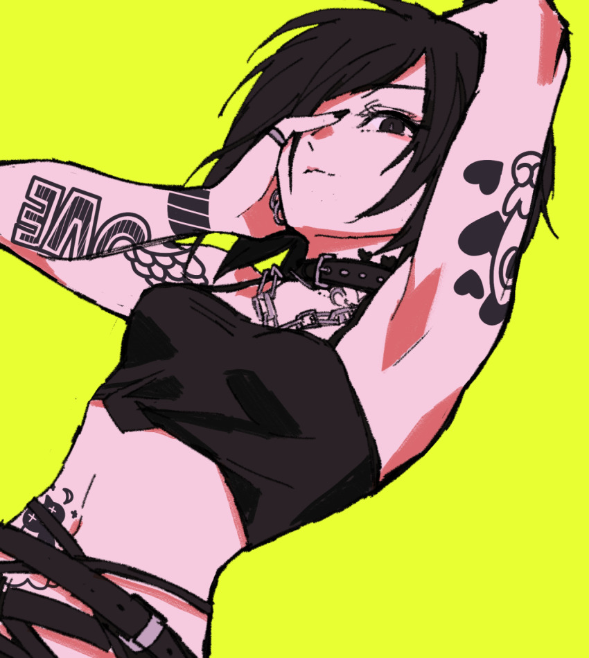 1girl arm_above_head arm_behind_head arm_tattoo arm_up armpits belt belt_collar black_belt black_choker black_eyes black_hair cat_tattoo chain choker closed_mouth collar crop_top green_background hair_over_one_eye hand_up highres jewelry judy_(sushi_pizza_rrr) looking_at_viewer looking_down midriff multiple_belts navel necklace original ring short_hair simple_background sleeveless smile solo stomach_tattoo sushi_pizza_rrr tank_top tattoo upper_body yellow_background
