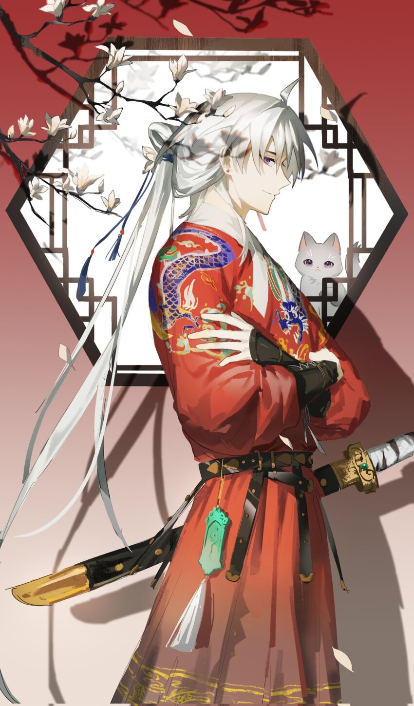 1boy :3 ahoge alternate_costume belt blade_(honkai:_star_rail) branch cat chinese_clothes chinese_commentary commentary_request corrupted_twitter_file cowboy_shot crossed_arms dragon_print earrings from_side gauntlets hair_ribbon hair_rings hanfu highres honkai:_star_rail honkai_(series) jewelry lattice long_hair looking_at_viewer magnolia male_focus profile purple_eyes red_hanfu ribbon single_hair_ring smile solo stud_earrings suirandanshihao sword tassel very_long_hair weapon white_cat white_hair yingxing_(honkai:_star_rail)