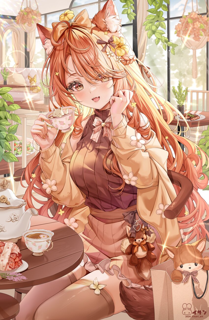 1girl absurdres animal_ear_fluff animal_ears blush breasts chair commentary_request commission cup curtains fang hanging_plant highres holding holding_cup indoors isari_sensei long_hair long_sleeves looking_at_viewer open_mouth original plant red_hair sitting solo table window yellow_eyes