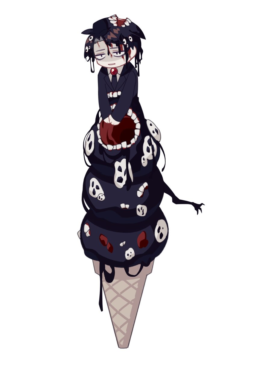 1boy absurdres black_eyes black_hair black_jumpsuit black_necktie brooch collared_shirt e.g.o_(project_moon) extra_mouth foodification gem highres jewelry jumpsuit library_of_ruina mercuryhx mountain_of_smiling_bodies necktie project_moon red_gemstone roland_(project_moon) shirt simple_background smile_(e.g.o) solo white_background white_shirt
