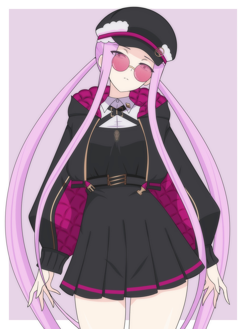 1girl absurdly_long_hair absurdres black_dress black_hat black_hoodie border breasts closed_mouth collared_shirt dani_(angrymatthew) dress eyebrows_hidden_by_hair eyes_visible_through_hair facing_viewer fate/grand_order fate_(series) hat highres hood hoodie long_bangs long_hair looking_at_viewer medium_breasts medusa_(fate) medusa_(rider)_(fate) medusa_(saber)_(fate) outside_border purple_background purple_eyes purple_hair round_eyewear shirt short_dress solo standing sunglasses thighs very_long_hair white_border