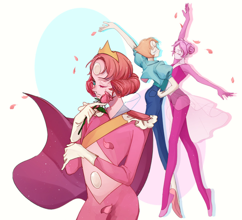 3girls aqua_eyes aqua_shirt arm_up blue_jacket blue_pants cape closed_eyes closed_mouth colored_skin cropped_jacket double_bun epaulettes flower hair_bun highres holding holding_flower jacket leotard mega_pearl_(steven_universe) multiple_girls one_eye_closed open_clothes open_jacket orange_hair pants pantyhose pearl_(steven_universe) petals pink_cape pink_flower pink_hair pink_leotard pink_pantyhose pink_pearl_(steven_universe) pink_rose pink_shoes pink_skin puffy_short_sleeves puffy_sleeves red_hair rose ru0m6 shirt shoes short_hair short_sleeves steven_universe tiara