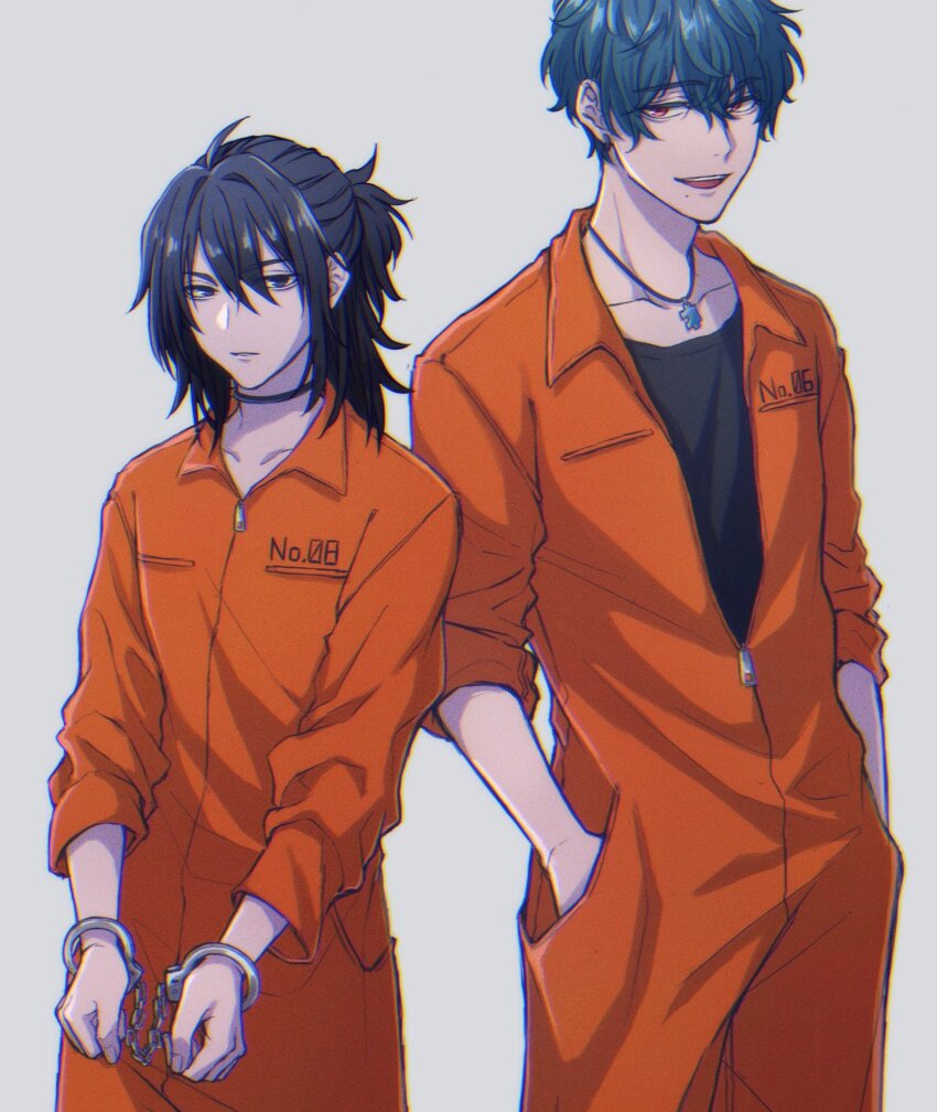 2boys black_eyes black_hair black_shirt black_shoes blue_hair close-up collarbone collared_jumpsuit commentary cowboy_shot cuffs grey_background hair_between_eyes handcuffs hands_in_pockets highres jewelry jumpsuit long_hair looking_at_viewer male_focus mole mole_under_mouth moxamog multiple_boys necklace open_mouth orange_eyes orange_jumpsuit original partially_unzipped prison_clothes puzzle_piece_ornament shirt shoes short_hair simple_background standing symbol-only_commentary zipper_pull_tab