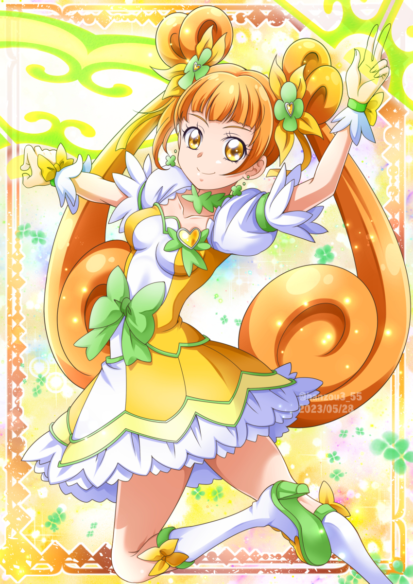 1girl birthday boots bow breasts brooch brown_eyes brown_hair choker clover clover_earrings cure_rosetta dokidoki!_precure double_bun dress folding_fan green_choker hair_bun hair_ornament hand_fan hanzou happy_birthday heart heart_brooch highres jewelry long_hair magical_girl precure ribbon shield small_breasts smile solo twintails two-tone_dress waist_bow white_boots white_dress wrist_cuffs yellow_background yellow_dress yotsuba_alice