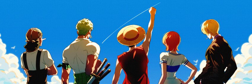 1girl 4boys absurdres arm_up bandana_around_arm bird black_hair black_jacket blonde_hair blue_sky cigarette clenched_hand cloud cloudy_sky commentary crossed_arms earrings from_behind green_hair hand_on_own_hip hat highres jacket jewelry katana long_nose long_sleeves monkey_d._luffy multiple_boys multiple_swords nami_(one_piece) nami_(one_piece)_(east_blue) one_piece oophytoncideoo orange_hair overalls red_shirt roronoa_zoro sanji_(one_piece) shirt shooting_star short_hair short_sleeves sky sleeveless sleeveless_shirt straw_hat straw_hat_pirates sword upper_body usopp weapon white_shirt