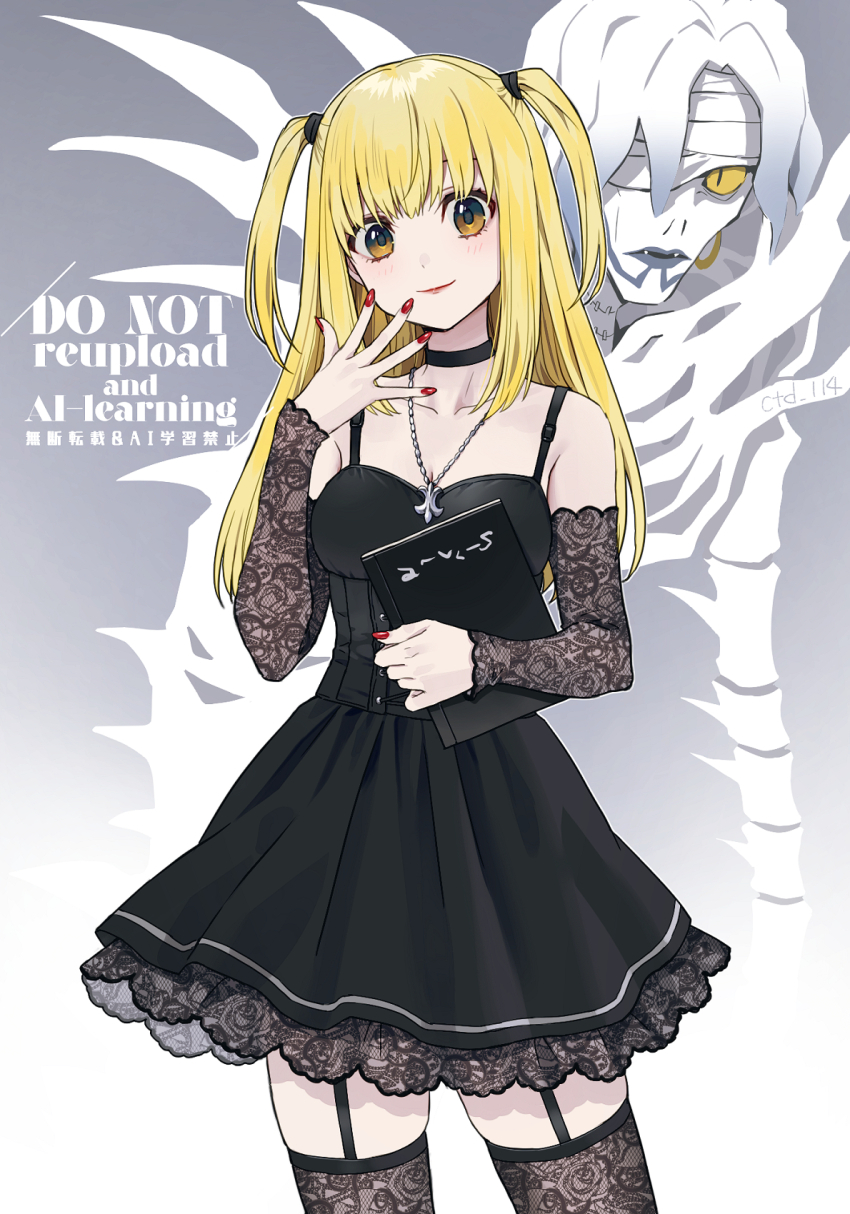 2girls amane_misa artist_name black_choker black_dress blonde_hair blush breasts brown_eyes brown_thighhighs choker cleavage closed_mouth collarbone commentary cowboy_shot ctd_114 death_note detached_sleeves dress garter_straps hand_up highres jewelry lace lace_sleeves lace_thighhighs long_hair looking_at_viewer multiple_girls nail_polish necklace red_nails rem_(death_note) sleeveless sleeveless_dress smile thighhighs two_side_up watermark