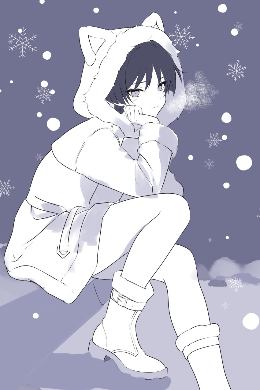 1boy absurdres alternate_costume animal_ear_hood animal_ears blunt_ends boots cat_ears clenched_hand closed_mouth contemporary elbow_on_thigh eyeliner eyeshadow fake_animal_ears fur-trimmed_boots fur-trimmed_hood fur-trimmed_sleeves fur_trim genshin_impact greyscale hand_on_own_face head_rest highres hood hood_up hooded_jacket jacket light_blush long_sleeves looking_at_viewer makeup male_focus monochrome red_eyeliner red_eyeshadow rrr_gns_(riuriu_1212) scaramouche_(genshin_impact) sitting smile snow snowflakes snowing solo split_mouth spot_color tsurime winter_clothes