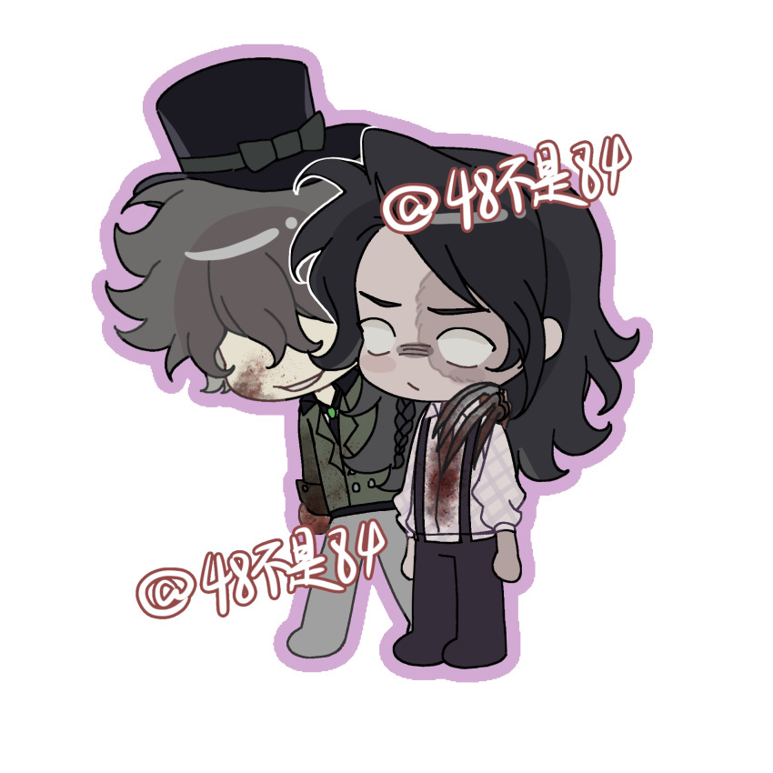2boys black_bow black_hair black_hat black_pants black_shirt blank_eyes blood blood_on_clothes blood_on_face bow brown_hair burn_scar character_request check_character chinese_commentary chunaizhanshi23057 claws collared_shirt commentary_request deformed green_jacket grey_pants hair_over_eyes hand_on_another&#039;s_shoulder hat hat_bow highres identity_v jack_(identity_v) jacket long_hair long_sleeves male_focus multiple_boys norton_campbell outline pants ponytail purple_outline scar scar_on_face shirt simple_background smile suspenders white_background white_shirt