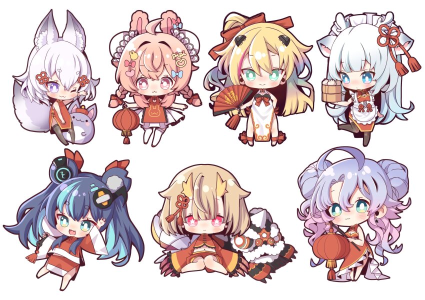 6+girls ahoge alternate_costume amanogawa_shiina_(artist) animal_ear_fluff animal_ears antlers apron steamed_bun bear_ears bear_girl blonde_hair blue_bow blue_eyes blue_hair bow bowtie braid breasts bright_pupils bun_cover chibi china_dress chinese_clothes claws cleavage cleavage_cutout clothing_cutout deer_antlers deer_ears deer_girl double_bun dragon_claw dragon_girl dragon_horns dress earrings enmaided flat_chest food fox_girl fox_tail frilled_apron frills fujikura_uruka green_eyes grey_hair hair_bow hair_bun hair_ornament hakushika_iori hand_fan heart heart_hair_ornament highres holding holding_fan horns jewelry lantern long_hair maid maid_apron maid_headdress medium_breasts multicolored_hair multiple_girls one_eye_closed open_mouth paper_fan paper_lantern phase_connect pink_bow pink_eyes pink_hair pipkin_pippa purple_eyes purple_hair rabbit_ears rabbit_girl rabbit_hair_ornament red_bow red_bowtie red_dress rinkou_ashelia shisui_michiru_(phase_connect) standing standing_on_one_leg star-shaped_pupils star_(symbol) star_earrings streaked_hair symbol-shaped_pupils tail tenma_maemi theo_(tenma_maemi) twin_braids utatane_nasa virtual_youtuber white_apron white_dress white_pupils