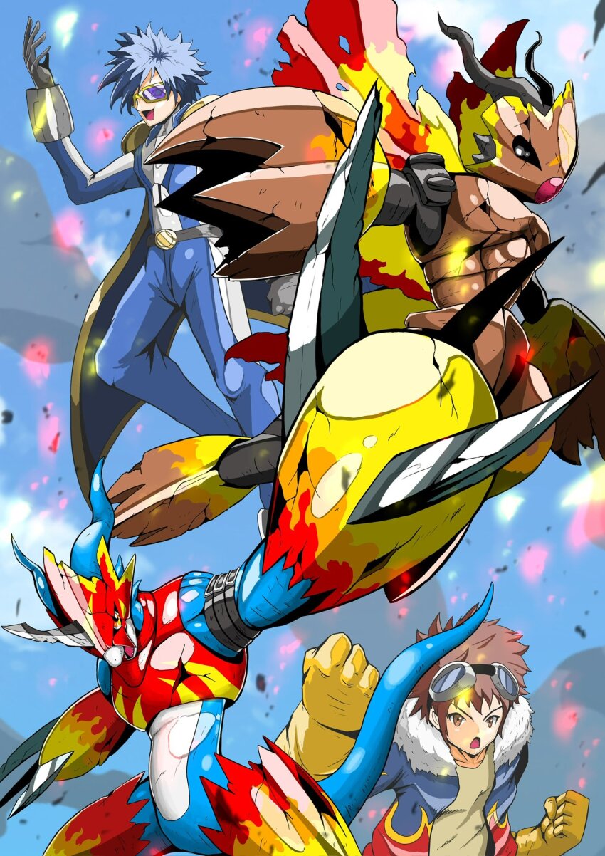 digimon digimon_(creature) digimon_adventure_02 digimon_kaiser fladramon gloves goggles goggles_on_head highres ichijouji_ken jacket motomiya_daisuke shadramon wings
