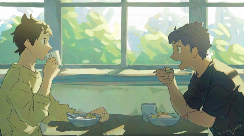 2boys alternate_costume black_shirt bowl brown_hair creatures_(company) cup day drinking eating from_side game_freak hand_up highres holding holding_cup holding_spoon hop_(pokemon) indoors male_focus mug multiple_boys nintendo open_mouth pokemon pokemon_swsh sankaku shirt short_hair short_sleeves signature spoon t-shirt table victor_(pokemon) window yellow_shirt