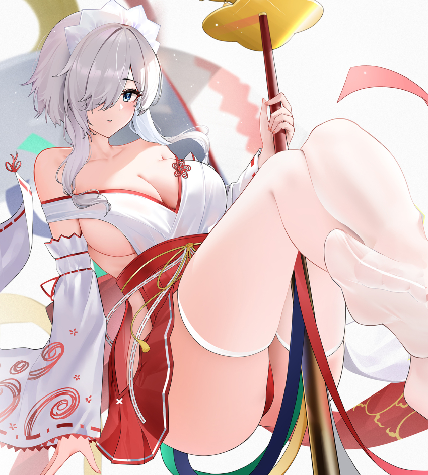 1girl azur_lane bare_shoulders blue_eyes blush breasts cleavage collarbone dead_or_alive dead_or_alive_xtreme detached_sleeves hair_ornament hair_over_one_eye hairband hakama hakama_skirt highres japanese_clothes large_breasts looking_at_viewer luna_(doa) nontraditional_miko panties parted_lips pleated_skirt qing_wu red_panties red_skirt ribbon-trimmed_sleeves ribbon_trim short_hair skirt sleeveless solo thighhighs thighs underwear white_hair white_thighhighs wide_sleeves