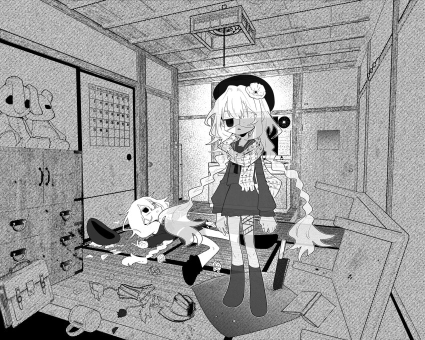 1girl arms_at_sides bags_under_eyes beret blood blood_splatter braid briefcase broken_vase ceiling_light chest_of_drawers commentary_request commission corpse cup cushion dark_room expressionless eyepatch flower fusuma ghost greyscale hair_flower hair_ornament hat heterochromia highres implied_murder indoors kneehighs knife long_hair long_sleeves looking_at_viewer low_twin_braids medical_eyepatch monochrome mug on_floor one_eye_covered original planted planted_knife planted_weapon pleated_skirt rose scarf school_briefcase school_uniform see-through_body serafuku skeb_commission skirt sliding_doors socks standing stuffed_animal stuffed_rabbit stuffed_toy table tatami teddy_bear tokita_(jyabarachan) twin_braids very_long_hair weapon zabuton