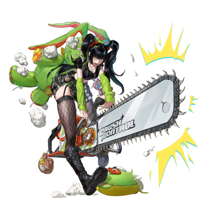 1girl absurdres angso arm_warmers bag belt black_hair black_shirt black_thighhighs boots breasts chainsaw cleavage combat_boots crop_top detached_sleeves fishnet_thighhighs fishnets full_body garter_straps green_skirt hair_ornament highres holding jewelry lace-up_boots long_hair necklace open_mouth original plaid_clothes plaid_skirt shirt short_sleeves skirt smile solo spikes stuffed_animal stuffed_rabbit stuffed_toy thighhighs transparent_background twintails yellow_eyes