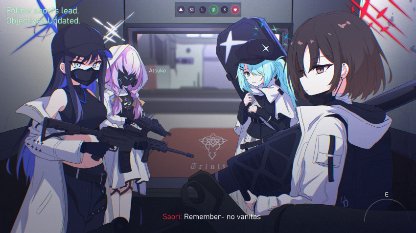 4girls absurdres assault_rifle atsuko_(blue_archive) baseball_cap black_gloves black_hair black_hat black_pants black_shirt black_sweater blue_archive blue_hair blue_halo blurry braid breasts brown_eyes brown_hair bulletproof_vest cabbie_hat call_of_duty call_of_duty:_modern_warfare_2 coat colored_inner_hair commentary commentary_request covered_face crop_top cz_scorpion_evo_3 depth_of_field elevator english_commentary english_text fim-92_stinger gas_mask gloves green_eyes green_hair grey_eyes gun hair_ornament hair_over_one_eye hairclip halo hat highres hiyori_(blue_archive) holding holding_gun holding_rocket_launcher holding_weapon hood hood_down hood_up hooded_jacket indoors jacket kiroshi korean_commentary long_hair long_sleeves looking_at_viewer mask medium_breasts meme misaki_(blue_archive) mixed-language_commentary mouth_mask multicolored_hair multiple_girls no_russian_(meme) open_clothes open_coat open_jacket pants pink_hair ponytail pov red_halo rifle rocket_launcher saori_(blue_archive) scarf shirt short_hair sig_516 skirt sleeveless sleeveless_shirt submachine_gun surgical_mask sweater trinity_general_school_logo twin_braids user_interface weapon weapon_case white_coat white_day white_halo white_jacket white_scarf white_skirt