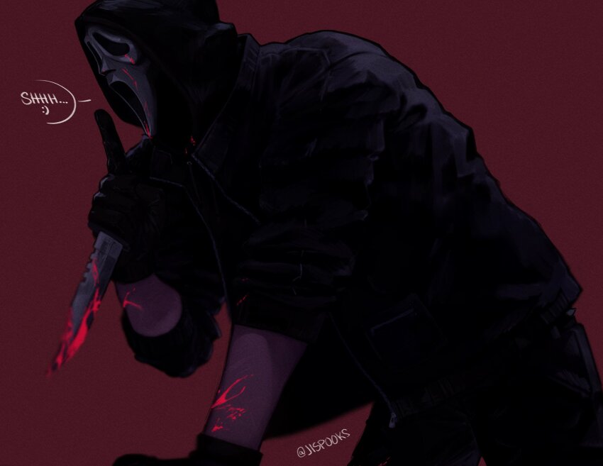 1boy artist_name black_gloves black_jacket black_pants blood blood_on_arm blood_on_clothes blood_on_mask bloody_weapon colored_skin combat_knife cowboy_shot dark dark_background finger_to_mouth from_side ghost_mask ghostface gloves highres jacket jispooks knife male_focus mask mask_on_head open_clothes open_jacket pants pink_blood red_background scream_(movie) shushing solo speech_bubble twitter_username weapon white_skin
