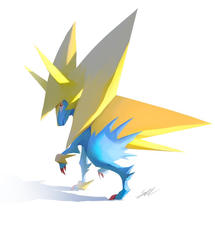 animal_focus closed_mouth commentary full_body gen_3_pokemon highres likey looking_back manectric mega_manectric mega_pokemon nintendo no_humans pokemon pokemon_(creature) red_eyes signature solo spikes standing