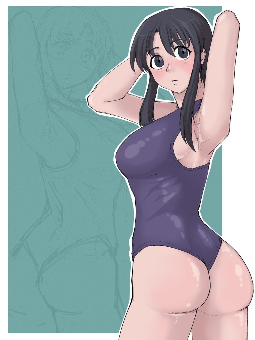 1girl absurdres ameh_li ass azumanga_daiou bad_id bad_twitter_id black_hair blue_one-piece_swimsuit blush breasts closed_mouth female_focus from_behind grey_eyes highres kurosawa_minamo looking_at_viewer one-piece_swimsuit short_hair sidelocks solo swimsuit