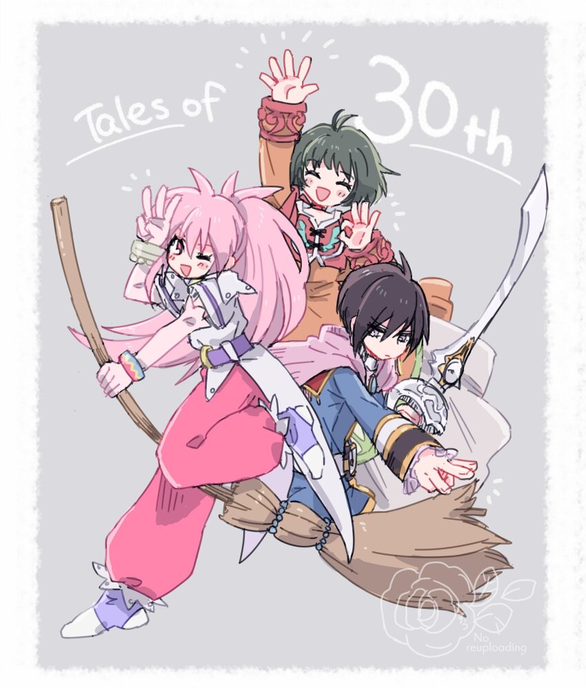1boy 2girls :d ^_^ anniversary arche_klein black_hair border broom cape closed_eyes commentary_request copyright_name farah_oersted green_hair grey_background highres holding holding_broom holding_sword holding_weapon leon_magnus long_hair multiple_girls ok_sign one_eye_closed open_mouth outside_border pants pink_cape pink_hair pink_pants simple_background sleeves_past_wrists smile suuu178 sword tales_of_(series) tales_of_destiny tales_of_eternia tales_of_phantasia w weapon white_border