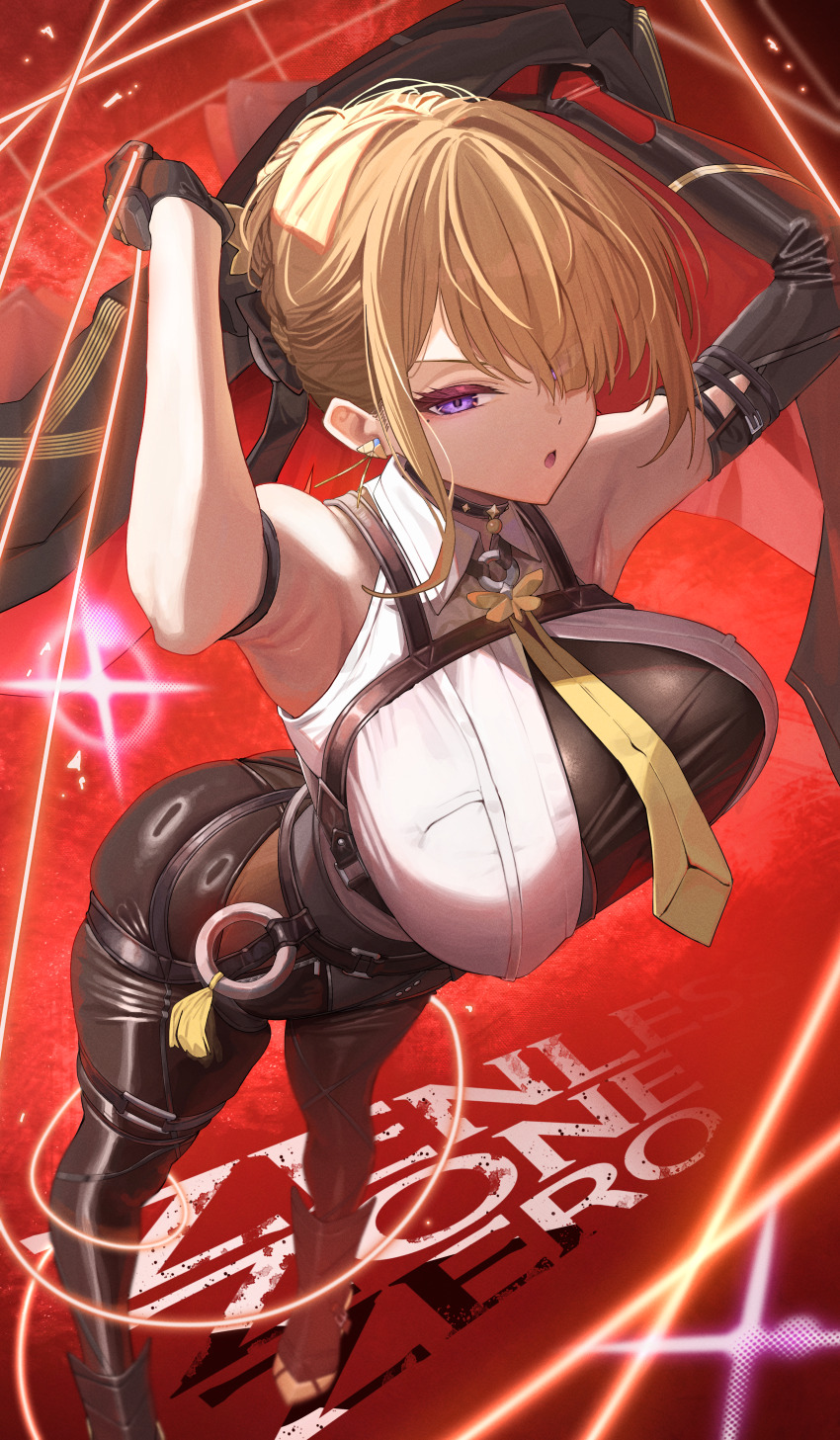 1girl absurdres armpits arms_up ass black_gloves black_pants blonde_hair breasts commentary_request elbow_gloves evelyn_chevalier gloves hair_over_one_eye highres large_breasts looking_at_viewer necktie pants purple_eyes ramanda short_hair single_elbow_glove standing yellow_necktie zenless_zone_zero