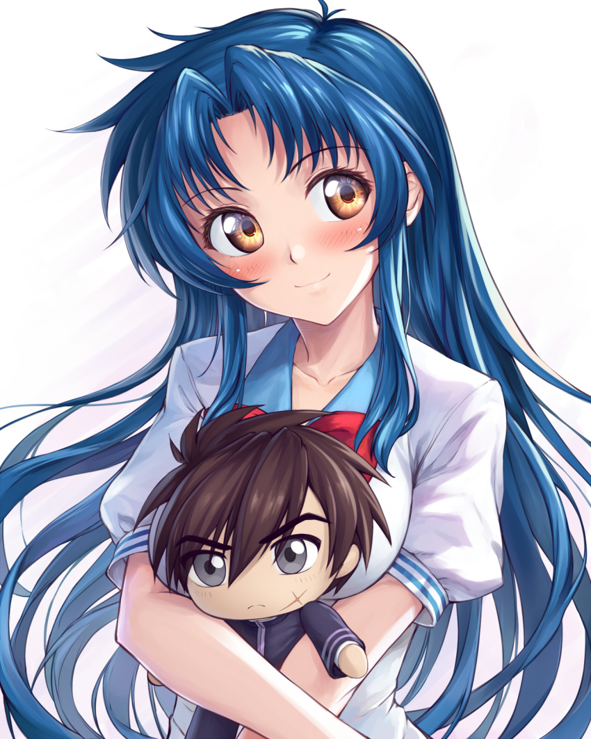 1girl blue_hair blush bow bowtie brown_eyes character_doll chidori_kaname closed_mouth collarbone floating_hair full_metal_panic! head_tilt highres ivenglynn long_hair looking_to_the_side red_bow red_bowtie sagara_sousuke school_uniform shirt short_sleeves simple_background smile solo upper_body very_long_hair white_background white_shirt