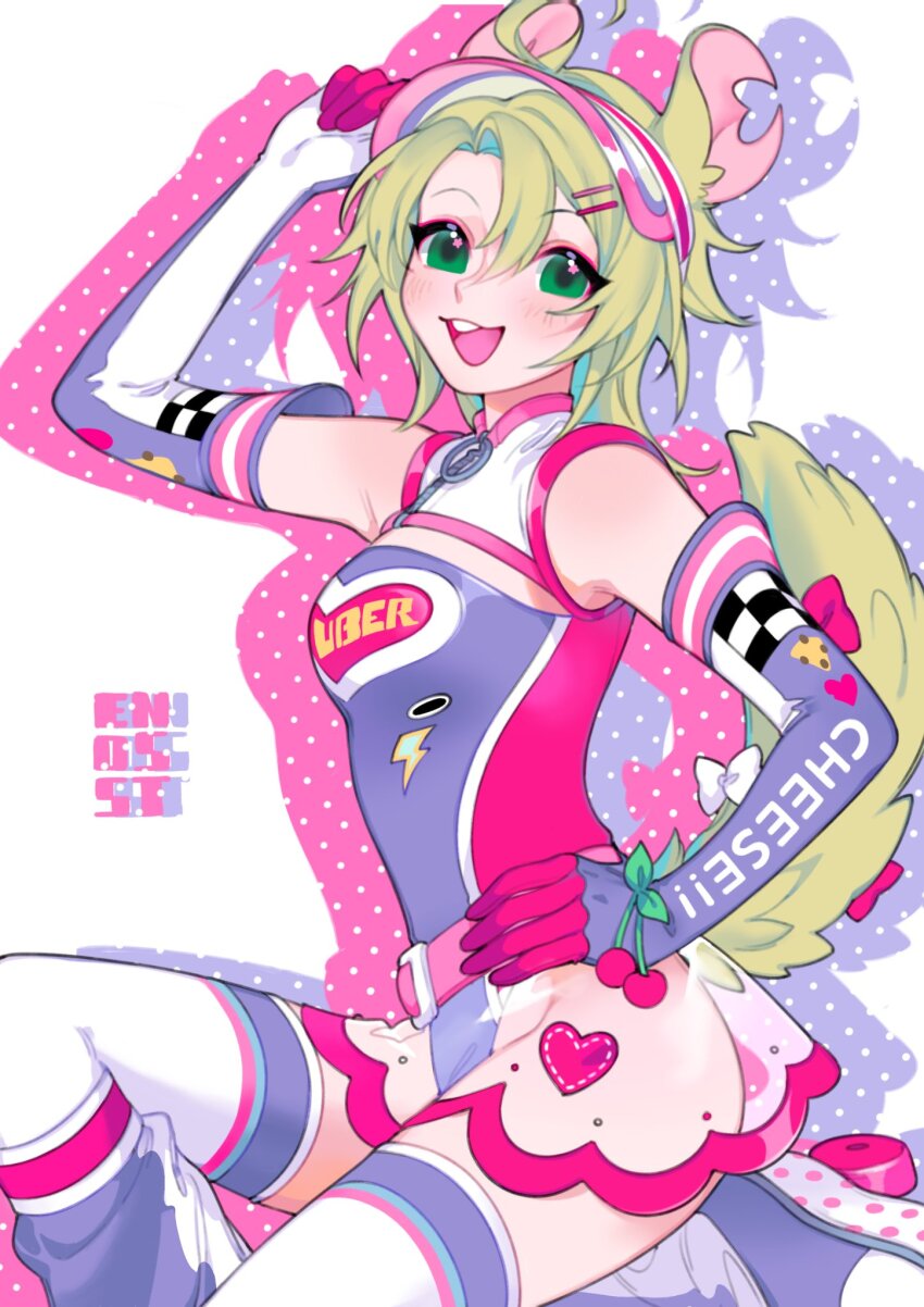 1girl adjusting_clothes adjusting_headwear ashton_marten_(vtuber) chinchilla_ears chinchilla_girl chinchilla_tail detached_sleeves elbow_gloves enosst gloves green_eyes highres indie_virtual_youtuber light_green_hair long_hair looking_at_viewer multicolored_gloves pink_gloves purple_gloves race_queen see-through_clothes see-through_skirt skirt smile thighhighs virtual_youtuber visor_cap white_gloves white_thighhighs