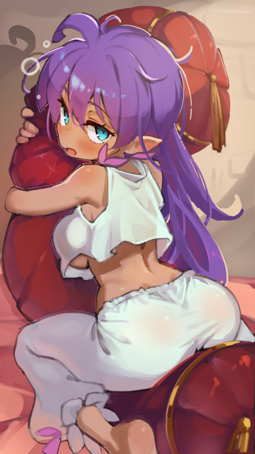 1girl blue_eyes body_pillow breasts commentary dark-skinned_female dark_skin english_commentary highres hugging_object large_breasts life_is_pi pajamas pillow pillow_hug pointy_ears purple_hair shantae shantae_(series) solo underboob white_pajamas