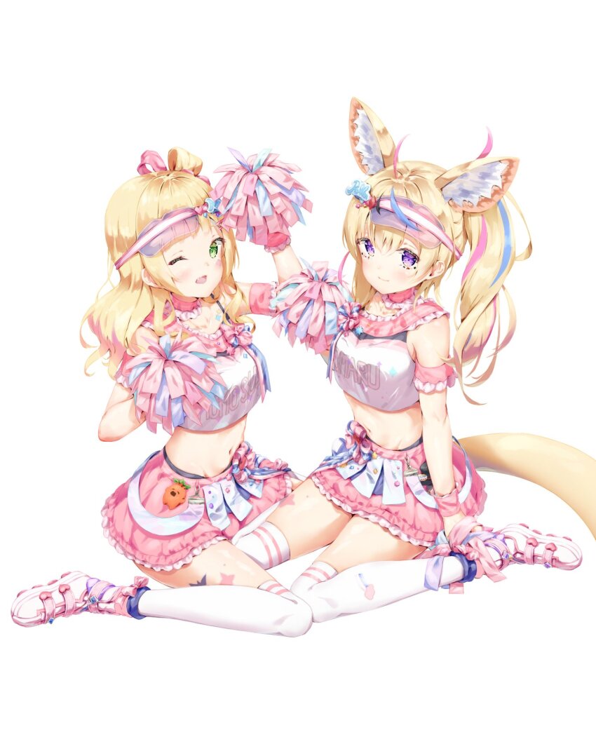 2girls ahoge alternate_hairstyle animal_ears armband blonde_hair blush bow bow_skirt braid breasts cheerleader choker cosplay crop_top floral_bow food-themed_hair_ornament fox_ears fox_girl fox_tail frilled_choker frilled_sash frills gradient_hair green_eyes hair_ornament hairclip highres holding holding_pom_poms hololive kinako_mocchi_mochi large_breasts long_hair looking_at_viewer midriff momosuzu_nene momosuzu_nene_(cheerleader) momosuzu_nene_(cosplay) multicolored_hair multiple_girls navel official_alternate_costume omaru_polka open_mouth peach_hair_ornament pink_armband pink_choker pink_hair pink_sash pom_pom_(cheerleading) pom_poms purple_eyes sash see-through_clothes see-through_headwear sideways_hat skates skirt smile streaked_hair tail thighhighs thighs virtual_youtuber visor_cap