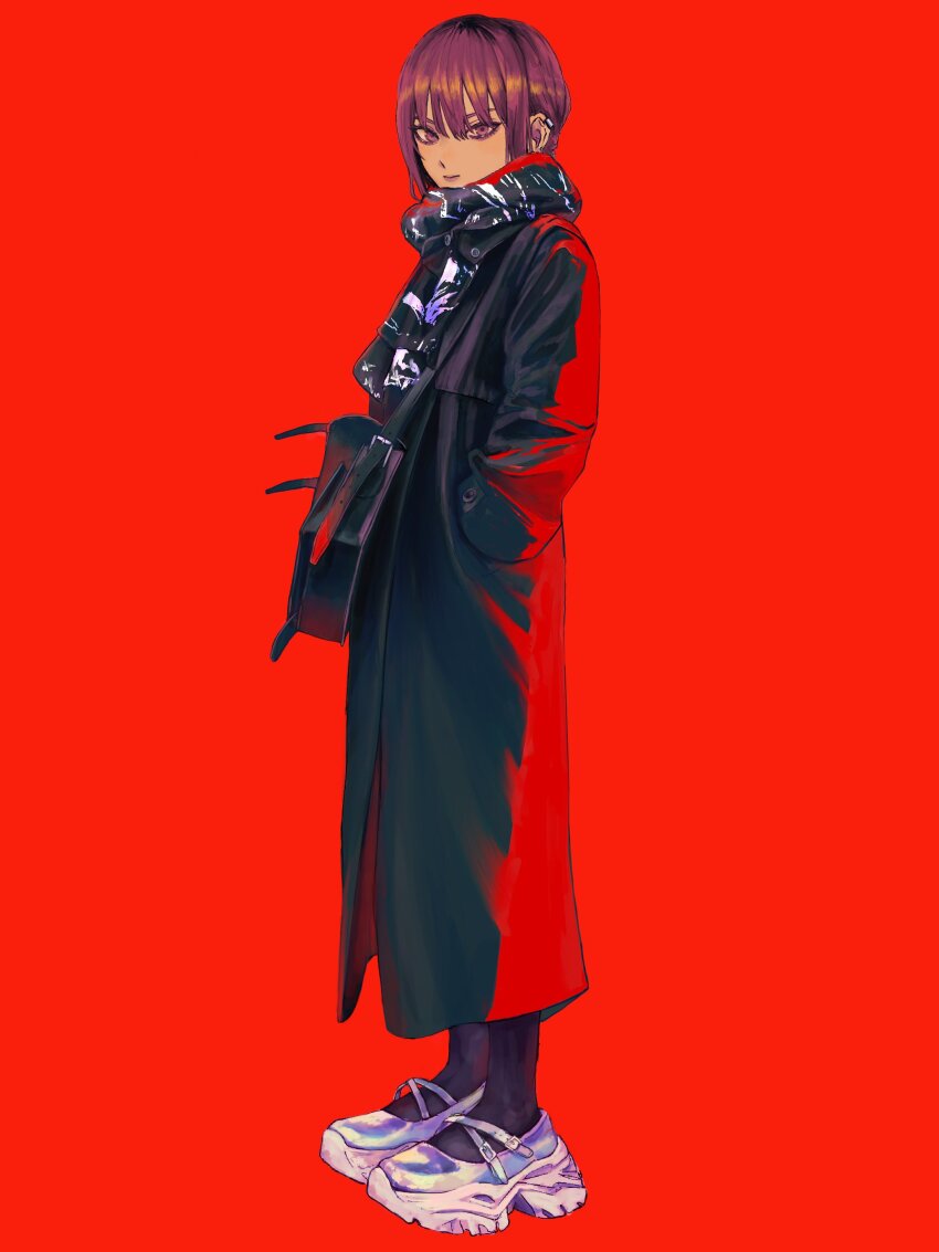 1girl absurdres bag black_bag black_coat black_scarf black_socks closed_mouth coat earclip earrings from_side full_body hair_between_eyes handbag hands_in_pockets highres jewelry looking_at_viewer lui_n24 medium_hair original purple_eyes purple_hair red_background scarf shoes sidelocks simple_background sneakers socks solo standing stud_earrings