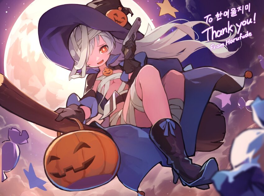 1girl :d bandages black_boots black_cape black_gloves black_hat black_sleeves boots breasts broom broom_riding cape character_request check_character commentary_request detached_sleeves floating_hair full_moon girls&#039;_frontline gloves grey_hair gun hair_over_one_eye handgun harufude hat high_heel_boots high_heels highres holding holding_gun holding_weapon korean_text long_hair long_sleeves medium_breasts moon name_connection object_namesake open_mouth orange_eyes shoe_soles sitting smile solo star_(sky) tokarev_(girls&#039;_frontline) tokarev_(thief_of_sweetness)_(girls&#039;_frontline) tokarev_tt-33 underboob very_long_hair weapon witch_hat