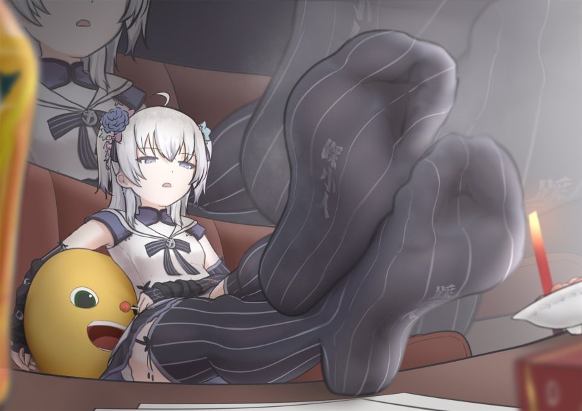1girl azuma_seren black_thighhighs candy feet food foot_focus garter_straps grey_eyes highres indie_virtual_youtuber lollipop long_hair open_mouth smell soles steam thighhighs toes treadml twintails white_hair