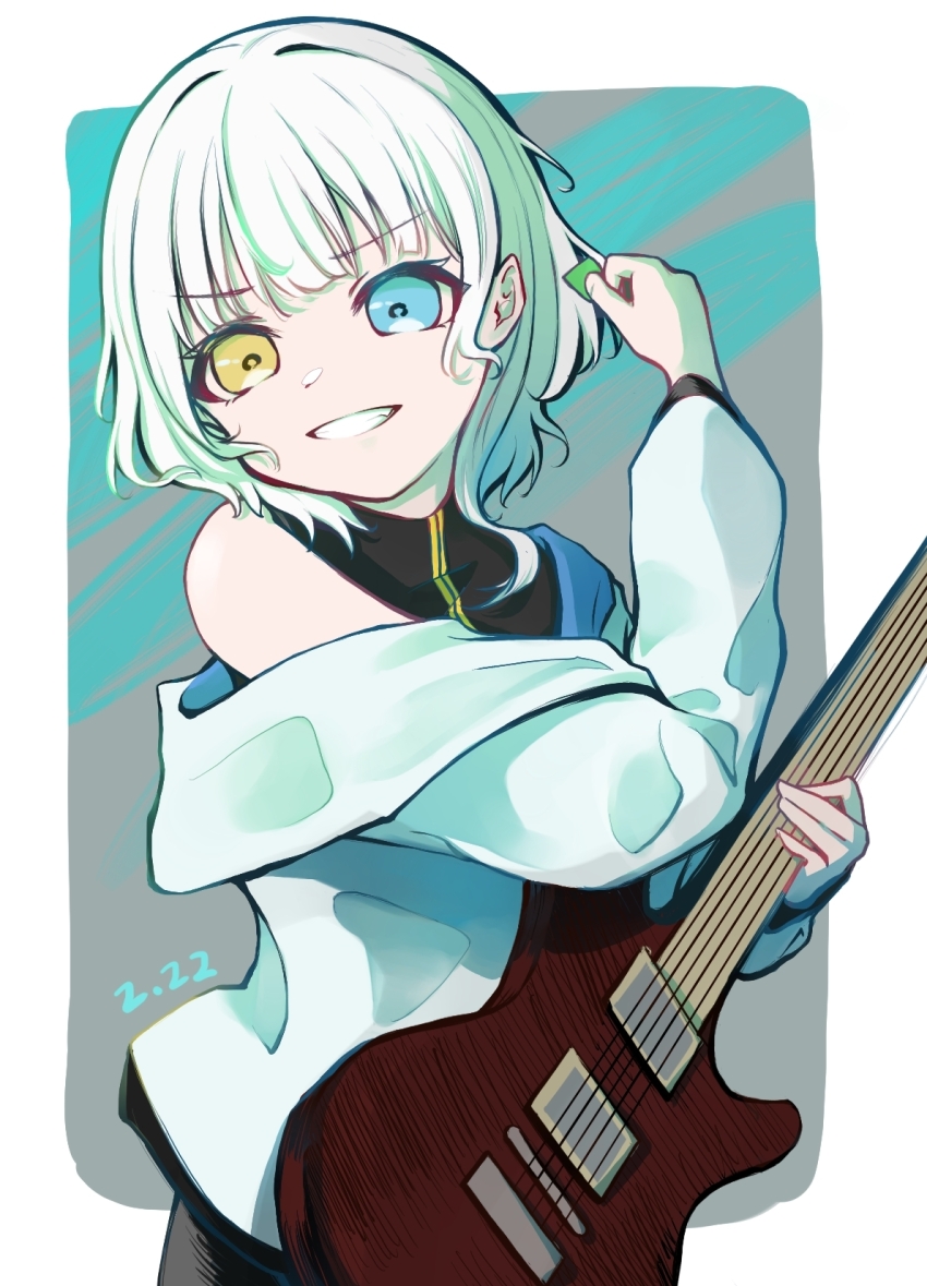 1girl bang_dream! bang_dream!_it&#039;s_mygo!!!!! black_shirt blue_eyes clenched_teeth commentary dated electric_guitar guitar heterochromia highres holding holding_guitar holding_instrument holding_plectrum instrument jacket kaname_raana kui_ckuqiz off_shoulder open_mouth plectrum shirt short_hair sleeveless sleeveless_shirt solo symbol-only_commentary teeth white_hair white_jacket yellow_eyes