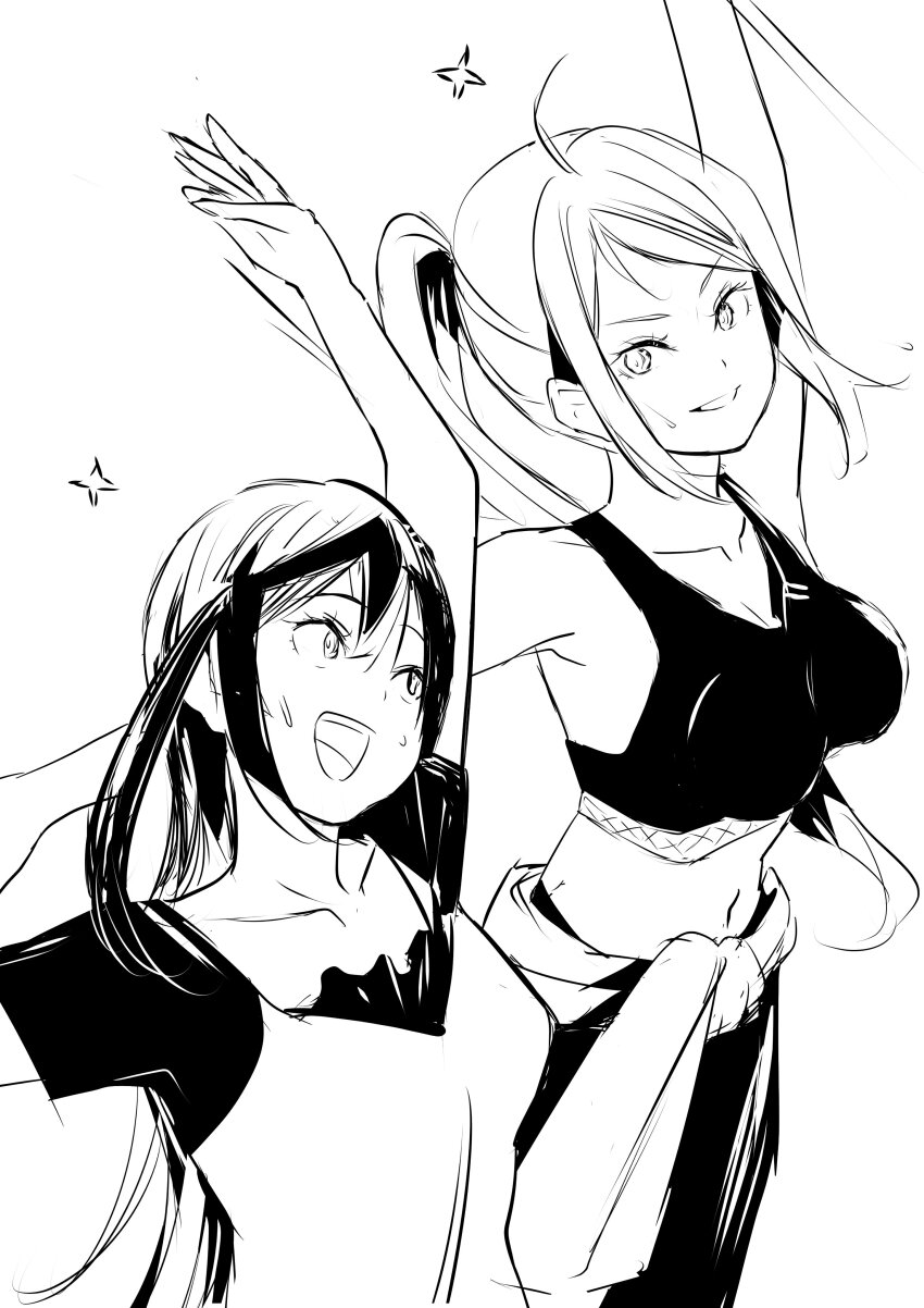 2girls absurdres breasts clothes_around_waist collarbone commentary_request greyscale highres jacket jacket_around_waist long_hair looking_at_another love_live! love_live!_nijigasaki_high_school_idol_club medium_breasts midriff monochrome motion_lines multiple_girls navel one_side_up open_mouth pants ponytail shirt short_sleeves sidelocks smile sparkle sports_bra standing stretching sweat tommer upper_body v-shaped_eyebrows white_background yuki_setsuna zhong_lanzhu
