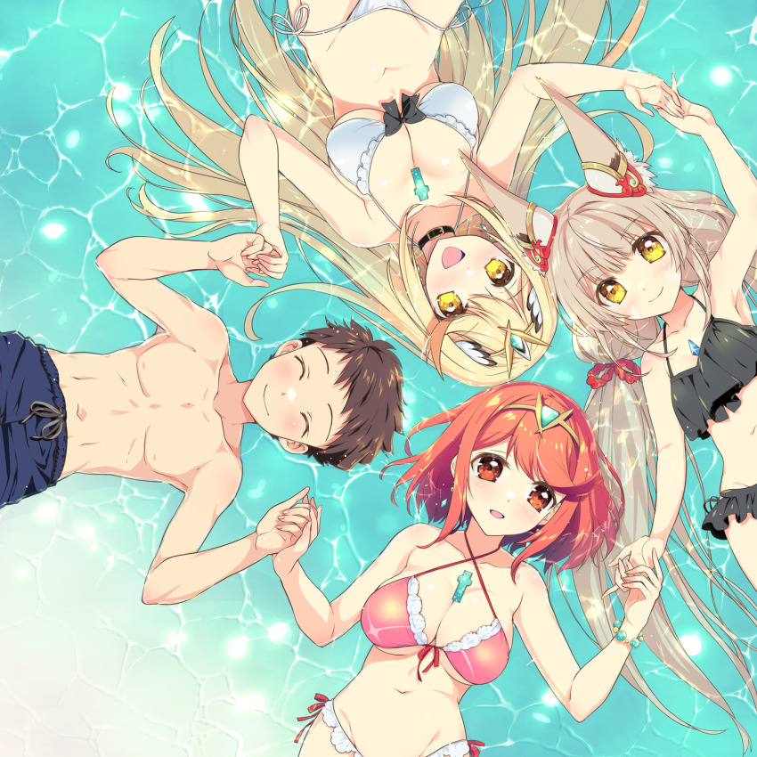 1boy 3girls animal_ears bikini blonde_hair breasts cat_ears chest_jewel core_crystal_(xenoblade) frilled_bikini frills grey_hair happy highres holding_hands husband_and_wives large_breasts long_hair looking_at_viewer low_twintails male_swimwear multiple_girls mythra_(xenoblade) nia_(blade)_(xenoblade) nia_(xenoblade) pyra_(xenoblade) red_eyes red_hair rex_(xenoblade) smile swim_trunks swimsuit tiara topless_male twintails very_long_ears very_long_hair water watsuki_ayamo xenoblade_chronicles_(series) xenoblade_chronicles_2 yellow_eyes