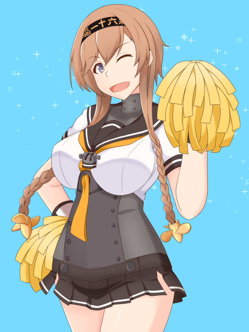 1girl black_gloves black_headband black_skirt blue_background braid breasts cowboy_shot gloves grey_eyes hachimaki hair_ornament headband highres holding holding_pom_poms kantai_collection lactone large_breasts light_brown_hair long_hair miniskirt neckerchief one_eye_closed pleated_skirt pom_pom_(cheerleading) pom_poms propeller_hair_ornament school_uniform serafuku short_sleeves skirt solo standing teruzuki_(kancolle) twin_braids two-tone_gloves white_gloves yellow_neckerchief
